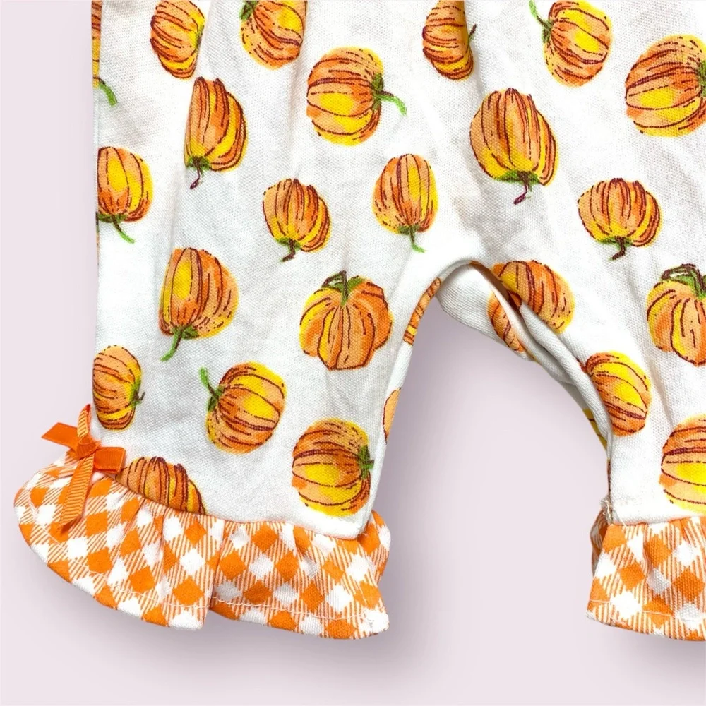 Fall Pumpkin Plaid Ruffle Romper 3 Months Thanksgiving One Piece Outfit NWT‎